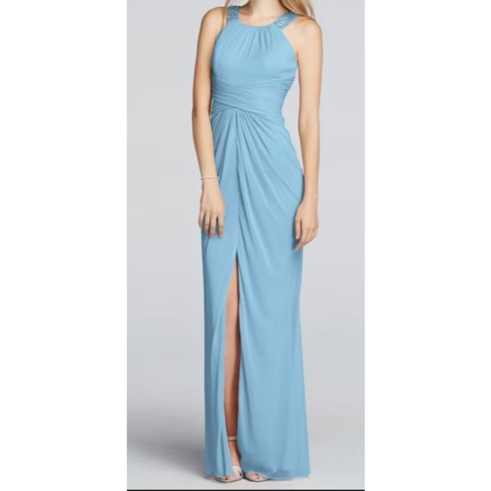 DAVID'S BRIDAL  long beaded u neck dress with ruched waist color: pacific SZ 2 - Picture 8 of 9
